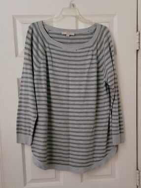 LOFT Light Gray and Gray Striped Scoop Neck Sweater